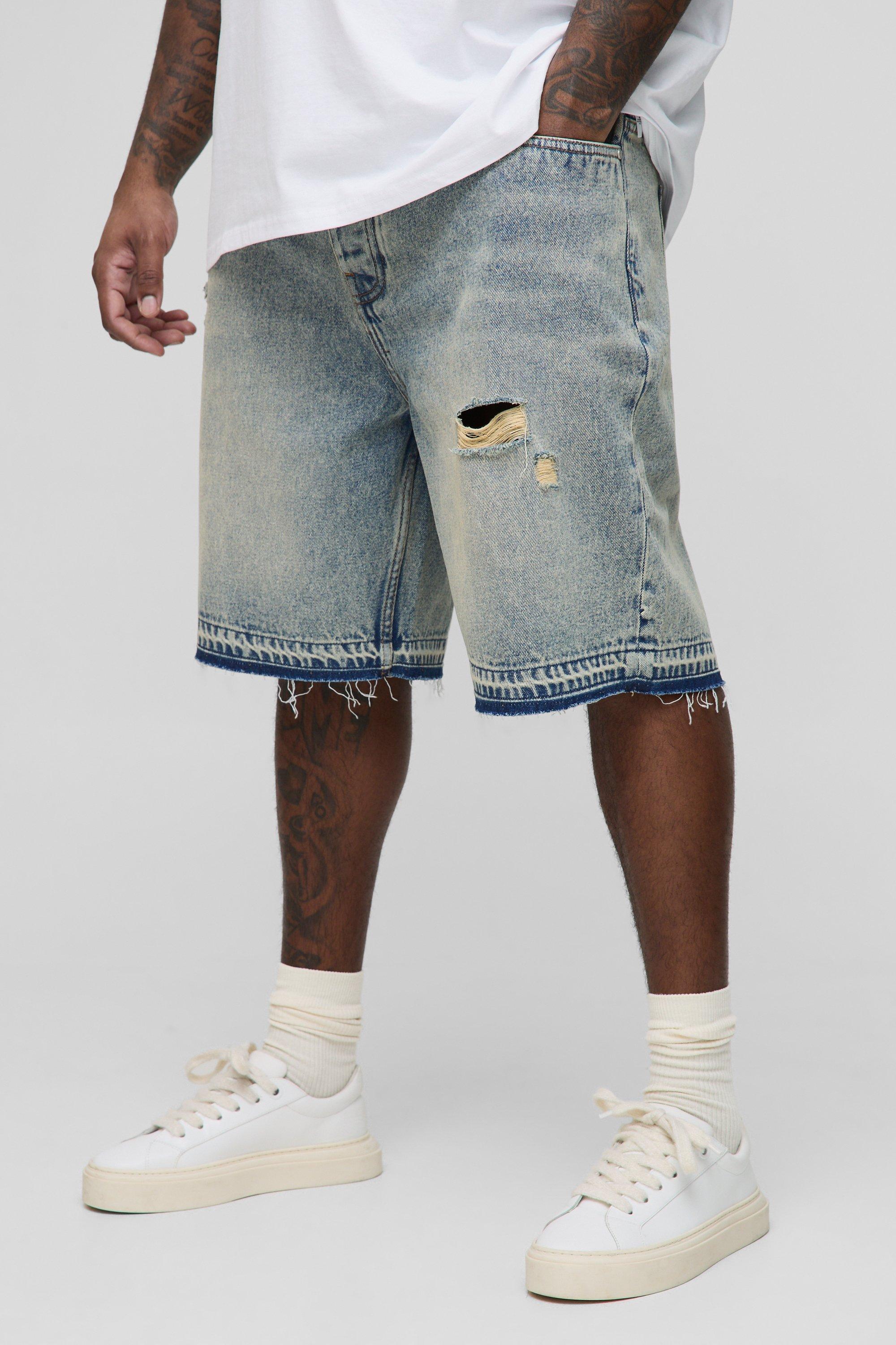 Mens Blue Plus Distressed Let Down Hem Denim Shorts, Blue